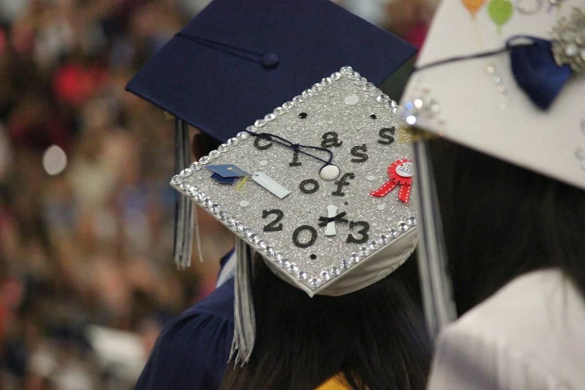 colorful graduation decor themes featuring gold and navy balloons, custom photo backdrop, and table runners with tassel accents